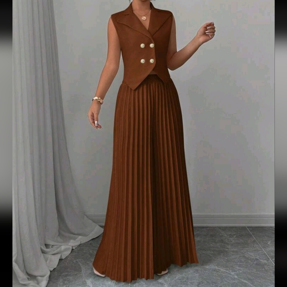 1set Elegant Women's Solid Color Double-Breasted Sleeveless Blazer - Picture 3 of 4